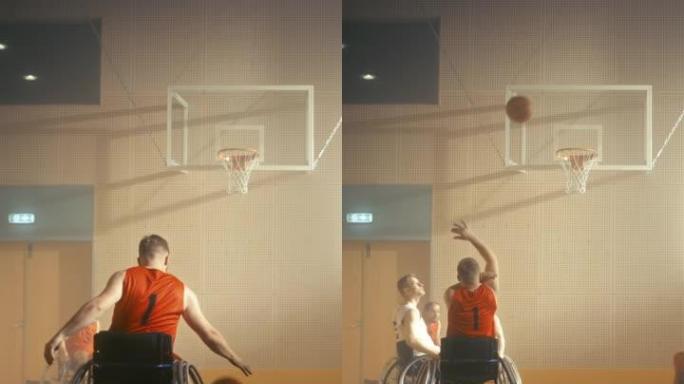 垂直视频。轮椅篮球比赛: 职业球员比赛，运球，传球，射门和进球。庆祝残疾人。时尚的电影慢动作