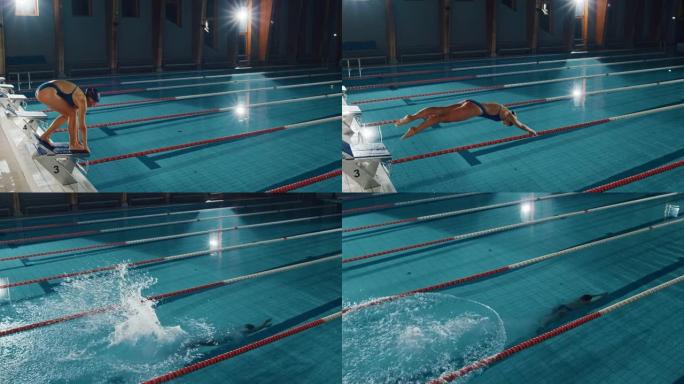 美丽的女游泳运动员在游泳池潜水。职业运动员优雅地跳跃。决心赢得冠军的训练。电影光线，时尚色彩的慢动作