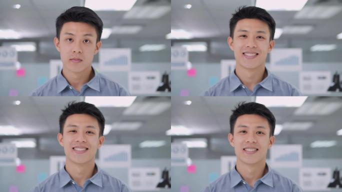 在办公室里，领导亚洲年轻人在深夜工作时独自看着相机摆姿势，充满自信地微笑着享受成功的生活方式。工作自