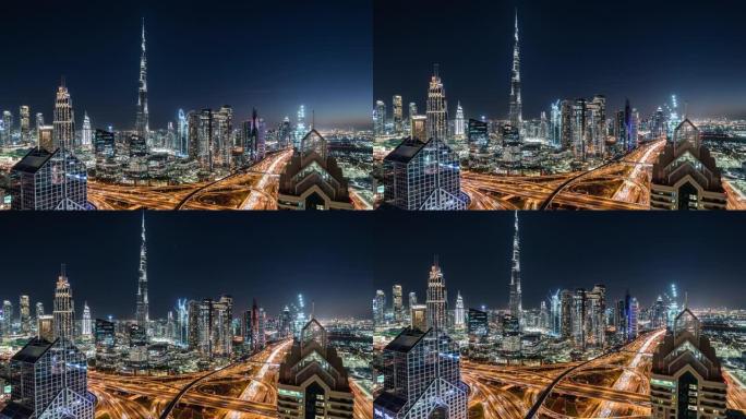 阿联酋迪拜夜间迪拜天际线的T/L TD鸟瞰图