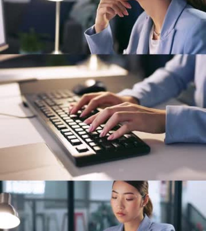 亚洲女商人，垂直或拼贴在夜间办公室与智能手表，电脑键盘或数字营销创新。思考创意设计师在蒙太奇、复合或