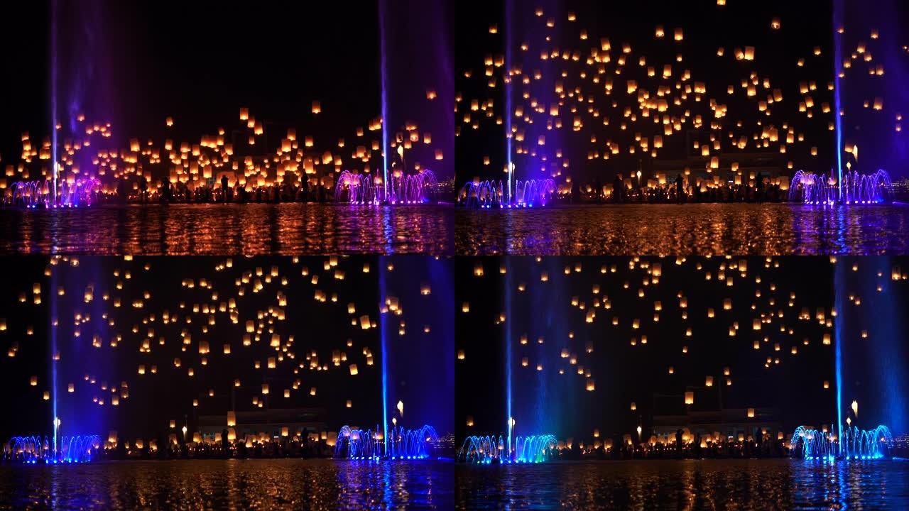 在泰国清迈的怡鹏节，水灯节上漂浮的灯笼