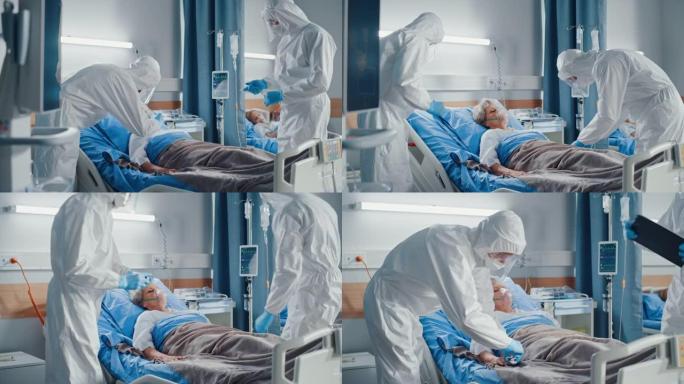 医院冠状病毒急诊科病房: 医生，医护人员穿着工作服，口罩挽救一名躺在床上的老年女性患者的生命，带氧气