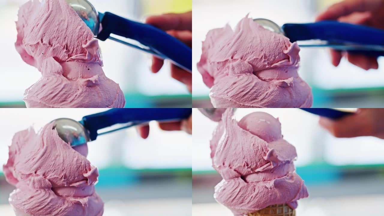 特写冰淇淋供应商用草浆冰淇淋填充冰淇淋蛋卷