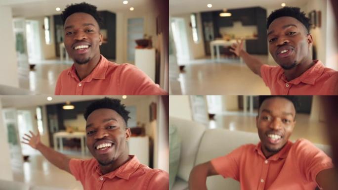非裔美国人房地产经纪人录制社交媒体营销视频，宣传新的建筑开发。室内、房子和视频通话由快乐的黑人展示一