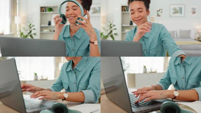 女性在家庭办公室的视频通话，耳机和笔记本电脑在线工作，为网站管理职业进行虚拟交流和写作。Zoom呼叫