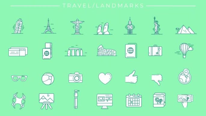 关于旅行和地标主题的动画填充绿色图标。