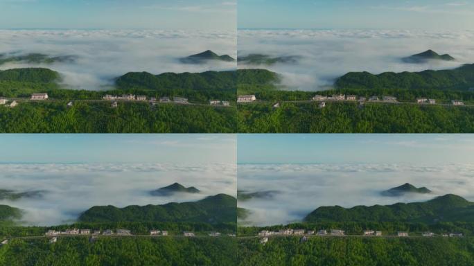 薄雾覆盖的山上日出的鸟瞰图