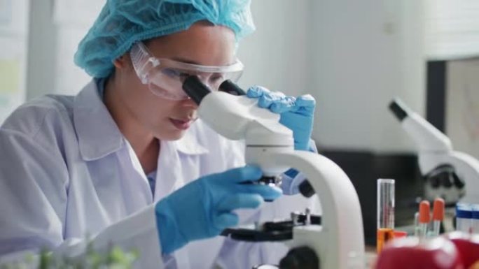 亚洲女农学家科学家在实验室中使用显微镜