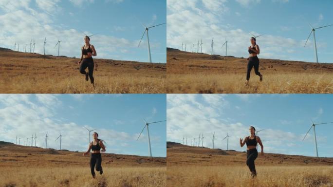 在山里奔跑的女人户外活动、可再生能源、风