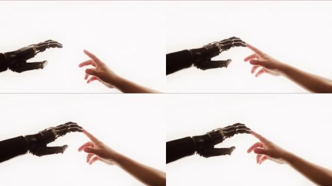 人形机器人手臂接触儿童的手。人类和人工智能统一。下一代拥抱技术，接触。受米开朗基罗创作亚当的启发