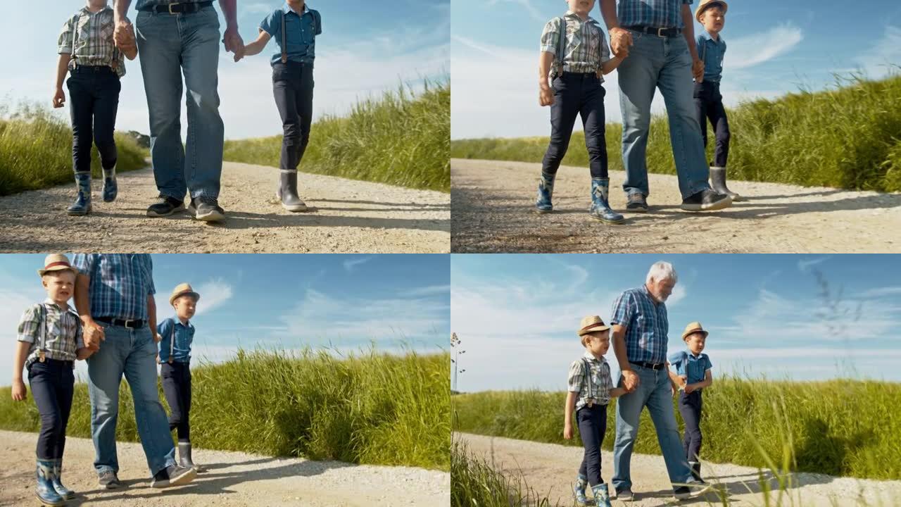 祖父和孙子在土路上行走时手牵在一起