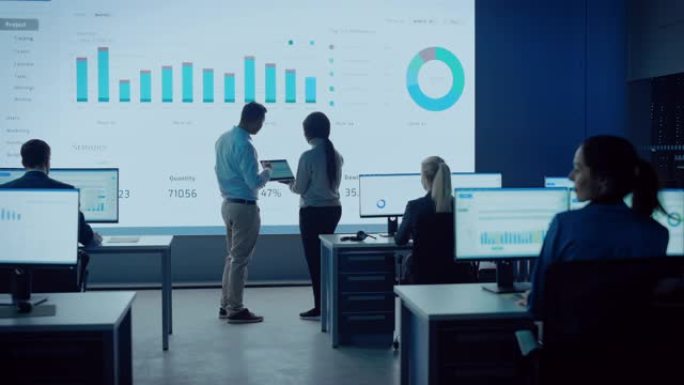 两名交易员在现代化的监控办公室开会，并在大屏幕上显示分析信息。经纪人和金融专家的监控室坐在电脑前。同