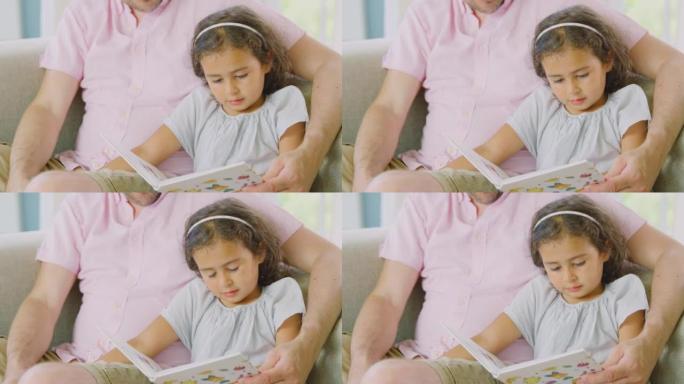 父亲和女儿坐在家里的沙发上一起看书的特写镜头-慢动作拍摄