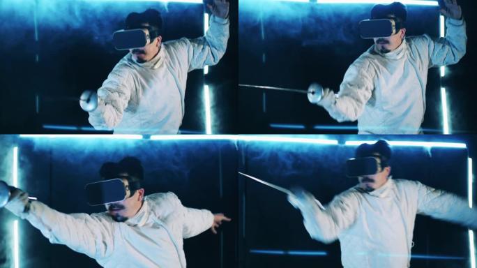 男击剑手正在进行虚拟训练。虚拟现实，增强现实游戏概念。