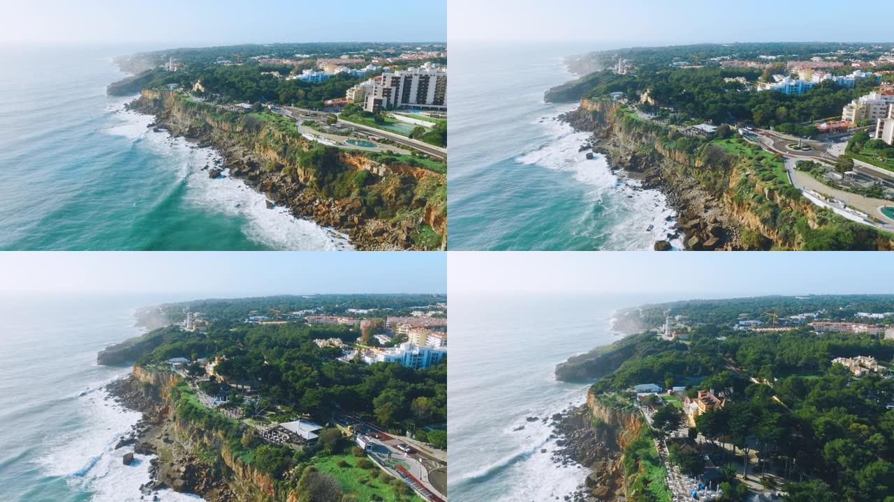 葡萄牙卡斯凯什海洋旁的岩石无人驾驶飞机视图