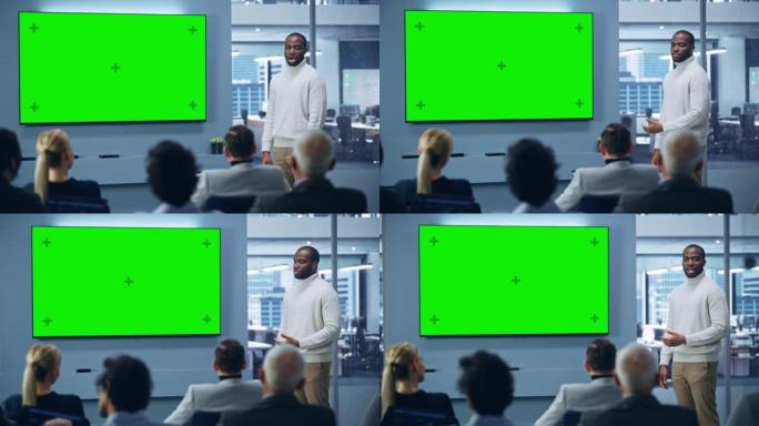 现代产品展示活动: 黑人商人讲话，解释概念，使用绿色色度键屏幕电视。面向不同投资者、数字企业家、商人