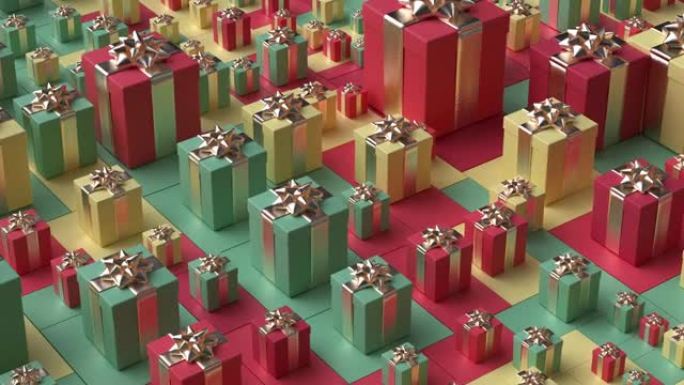 彩色圣诞盒子的抽象背景，在对比色的瓷砖上有礼物