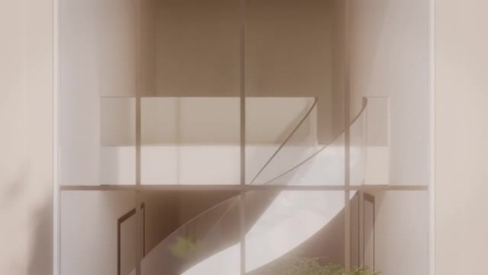 3D建模的现代东方设计，带有白色的墙壁和一棵树，我们通过前景中的全景窗口看到了它。3d-一个新的现代