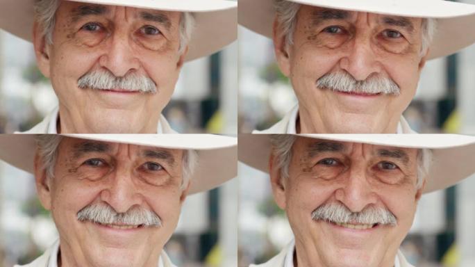 牛仔，德克萨斯州和西部，一名高级男子在户外戴着帽子，脸上挂着微笑。肖像，牛仔竞技表演和美国，一位老年