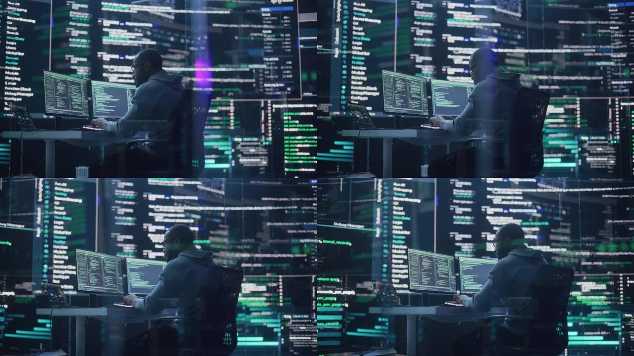 一名从事开发工作的男子的中景照片，周围是大屏幕，显示监控室中的代码行。黑人男性程序员使用台式计算机，
