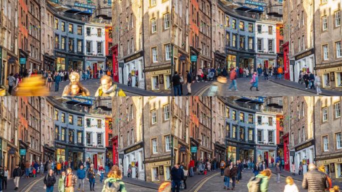 英国苏格兰爱丁堡老城区维多利亚街周围人群行人和游客步行和观光的时间流逝