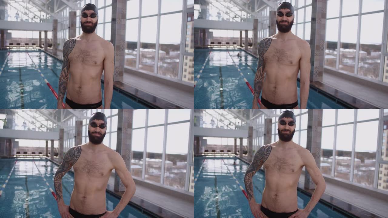 室内游泳池中男性游泳者的肖像