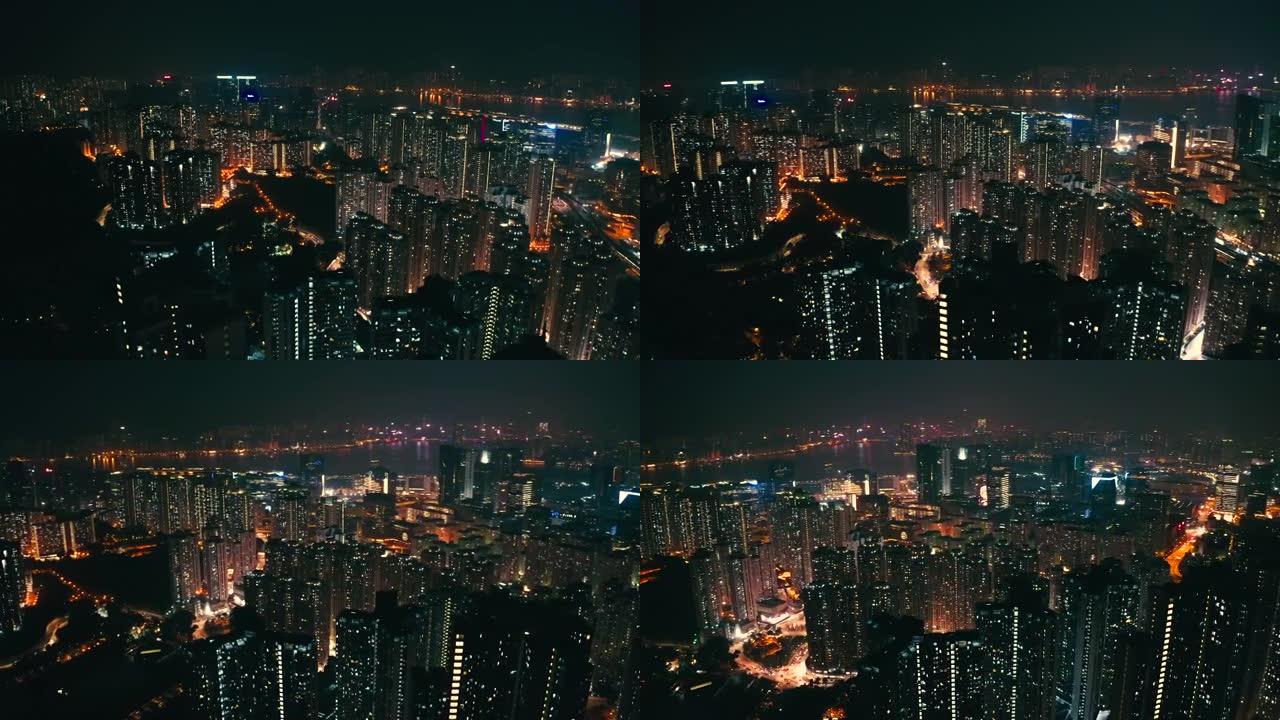 夜间城市建筑物的空中无人机视图