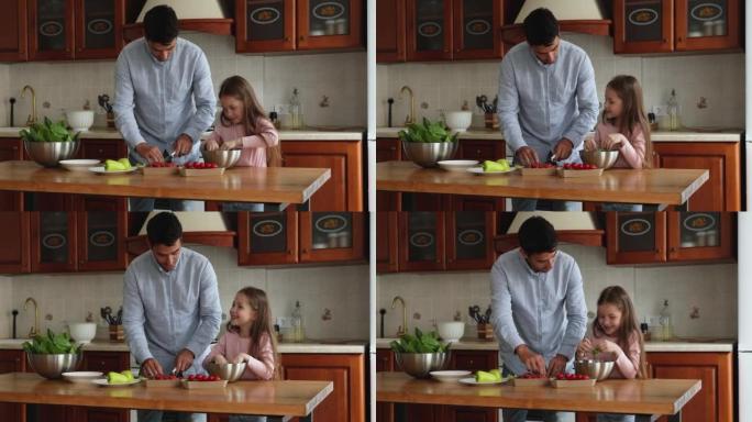 爱心爸爸和学龄前女儿一起在家做饭
