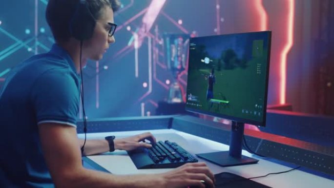 网络体育锦标赛: 专业电子竞技游戏玩家在个人电脑上玩视频游戏。屏幕显示3D射击游戏，街机在线多人战斗