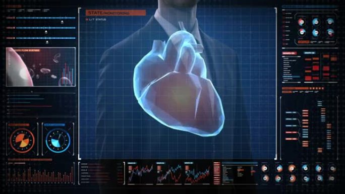 商人触摸数字面板屏幕，扫描多边形心。人类心血管系统与UI，未来医疗技术。4k。