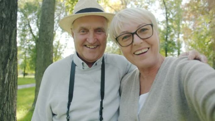 POV肖像开朗的夫妇老年人从公园看相机打在线视频电话