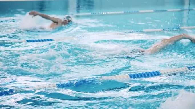 两名男子在游泳池中游泳蛙泳的慢动作