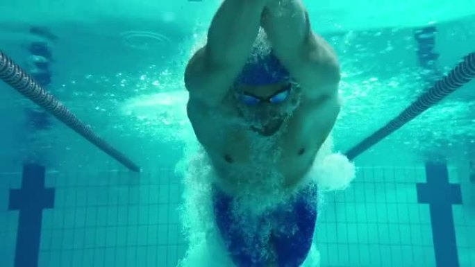 水下射击: 适合肌肉发达的游泳者在游泳池里跑圈。英俊的职业运动员以极快的速度游泳。准备创造世界冠军纪