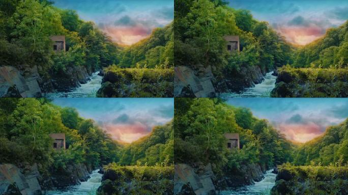 古老的磨坊和河流的美丽风景