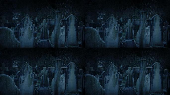 黑暗中在墓地下雨阴森英国墓地十字架石碑