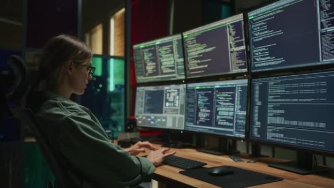 女性网络安全专家在台式计算机上编写代码，在黑暗的办公室中有六个显示器。高加索女性控制数字保护系统，监