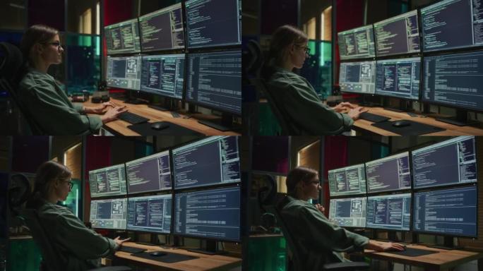 女性网络安全专家在台式计算机上编写代码，在黑暗的办公室中有六个显示器。高加索女性控制数字保护系统，监
