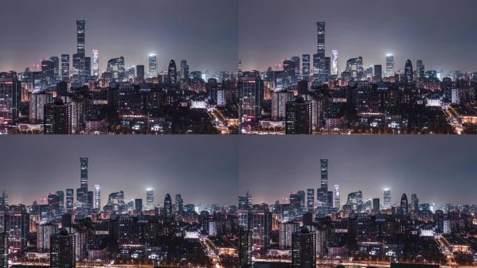 夜间北京天际线和市中心的T/L鸟瞰图/中国北京