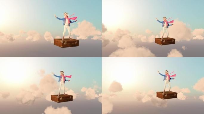 一个小女孩在粉红色的云层中，穿着旧的vintge行李箱飞行旅行。迎接冒险。旅游概念。