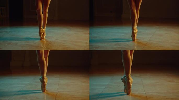 在pointe和white tutu中拍摄芭蕾舞演员脚的电影镜头