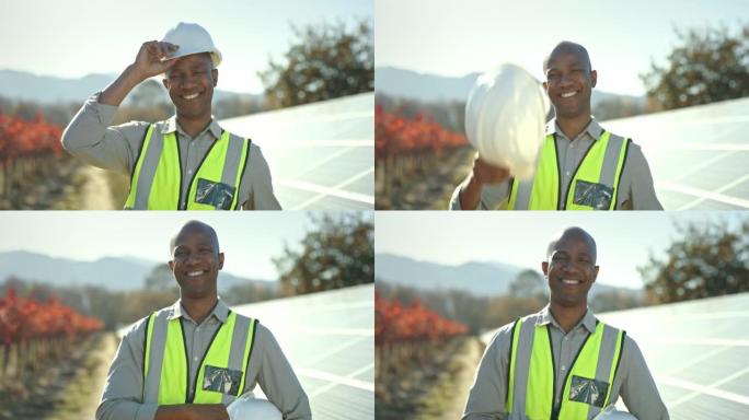 黑人，太阳能电池板工程或农场工人，头盔，安全背心或可生物降解可再生能源的创新愿景。肖像、微笑或快乐太