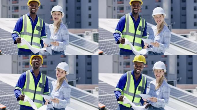 太阳能工程师，电工或建筑师在成功安装面板电源后微笑。替代能源行业的两名工人在平板电脑上进行蓝图文书工