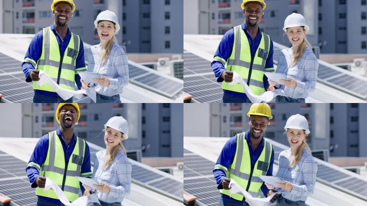 太阳能工程师，电工或建筑师在成功安装面板电源后微笑。替代能源行业的两名工人在平板电脑上进行蓝图文书工