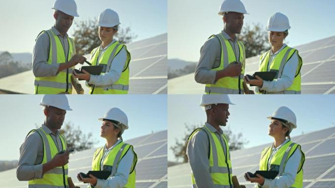 平板电脑，团队合作和经理与太阳能电池板安装人员就太阳能或可再生能源进行沟通。多元化，电工和工程师在对