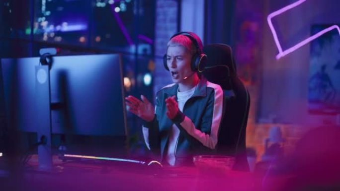 成功的女性玩家在计算机上的在线视频游戏中获胜。戴着耳机的年轻时尚女性的肖像与其他玩家一起玩PvP锦标
