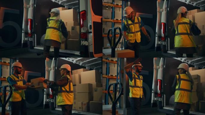 物流零售仓库外: 男女不同的工人队伍用纸箱装载送货卡车，做击掌，庆祝。交付在线订单，电子商务。慢动作