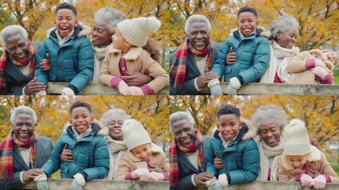 与孙子孙女一起走过秋天的乡村时，由大门拍摄的祖父母肖像