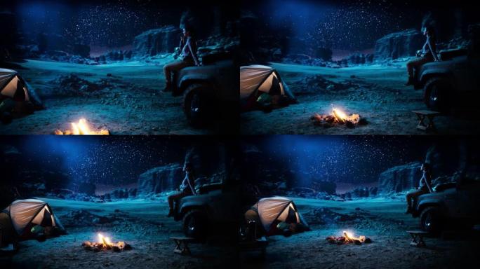 女旅行者坐在她的越野越野车引擎盖上，看着夜空，同时在篝火旁在峡谷中露营。旅行中的女冒险家在银河之星上