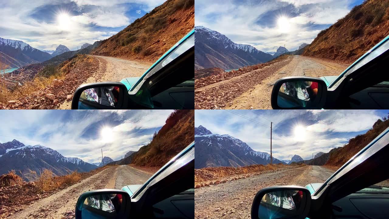 在山里开车旅行后视镜探险自驾游